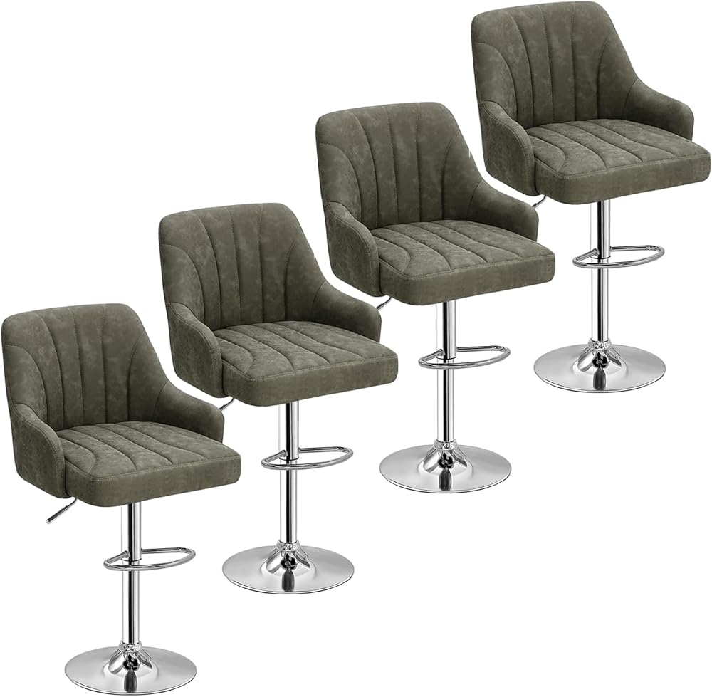 VECELO Adjustable Barstools Set of 4, Counter Bar Stools with Back and Arm, Kitchen Island Stools Swivel Bar Chairs for Pub Dinning Room, Dark Gray