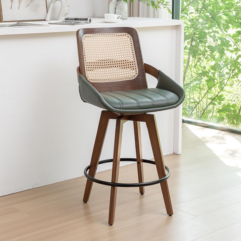 Set of 1 Counter Height Bar Stool - 26.4 inch Swivel Walnut Counter Stool with Cane Back, Curved Arms, Upholstered Seat, Mid Century Counter Stool for Island/Kitchen/Counter/Bar (Walnut Green)