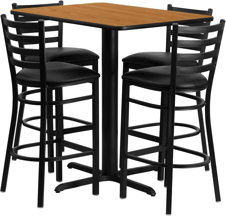 Flash Furniture 24''W x 42''L Rectangular Natural Laminate Table Set with 4 Ladder Back Metal Barstools - Black Vinyl Seat