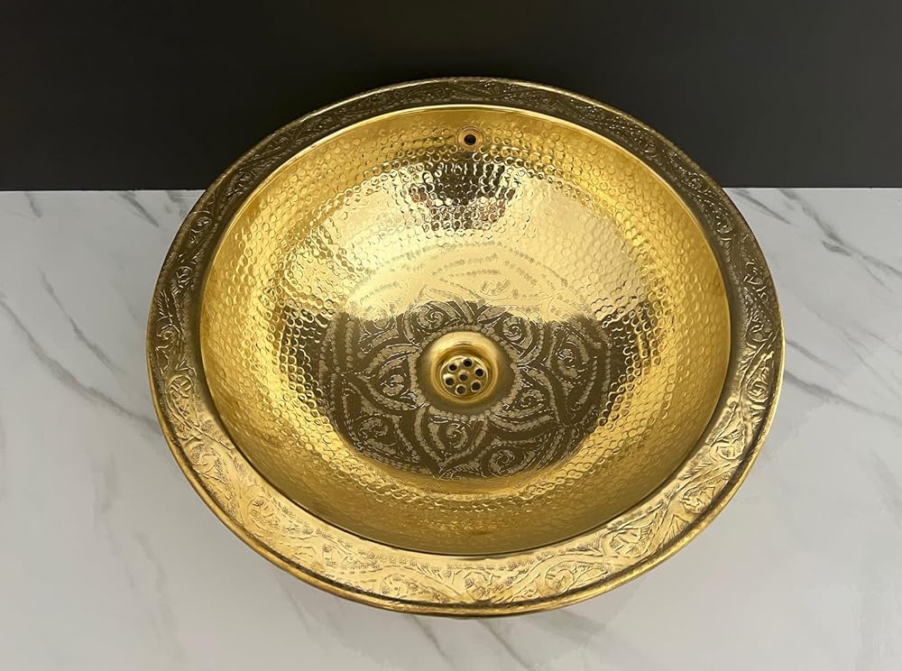 Handmade Vanity Bathroom Brass Sink, Unlacquered Drop in Brass Bathroom Sink, Undermount Vanity Vessel sink Bowl, Antique Round Copper Sink with 2 Gifts Offered (14