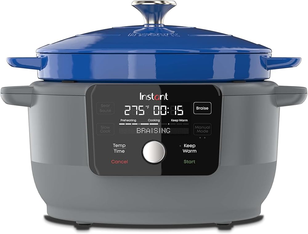 Instant Electric Round Dutch Oven, 6-Quart 1500W, From the Makers of Instant Pot, 5-in-1: Braise, Slow Cook, Sear/Sauté, Cooking Pan, Food Warmer, Enameled Cast Iron, Included Recipe Book, Blue