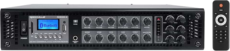Rockville RCS350-6 350 Watt 6 Zone 70V Commercial Amplifier, Bluetooth, 3 Mic Inputs, Perfect for Restaurants, Bars, Cafés, Schools, Lounges