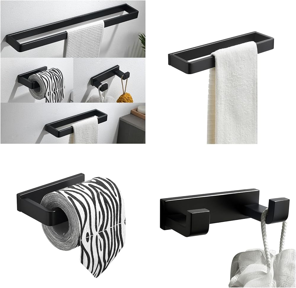 YACVCL 7-Piece Bathroom Hardware Set Matte Black, Towel Bar Toilet Paper Holder Towel Hooks, Square Bathroom Kitchen Accessories Kit Stainless Steel Wall Mounted