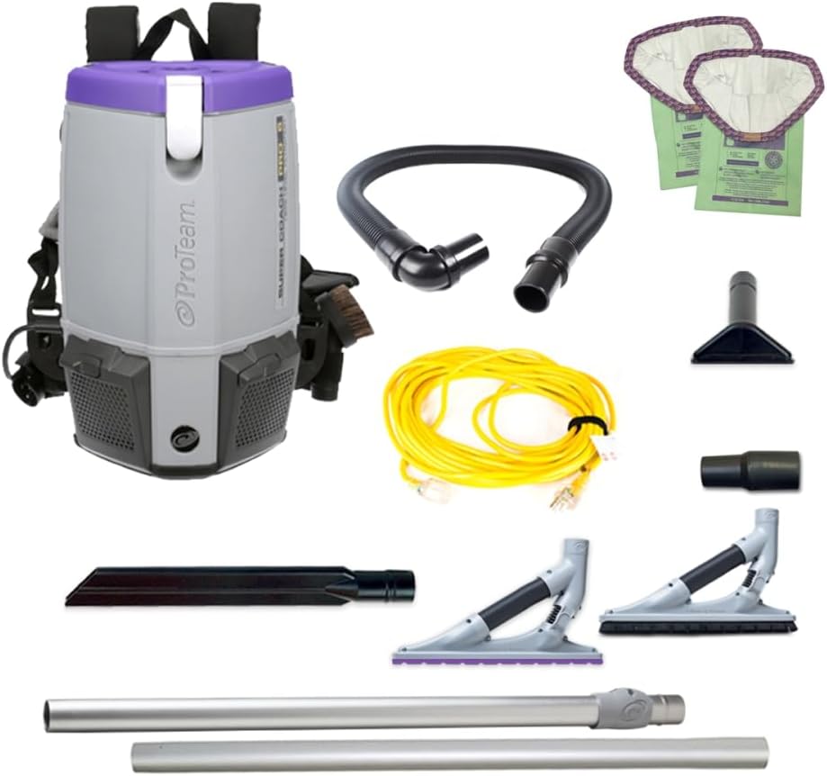 ProTeam Super Coach Pro 6 Commercial Backpack Vacuum with ProBlade Hard Surface and Carpet Tool Kit, 6 Quart, Corded, 107535