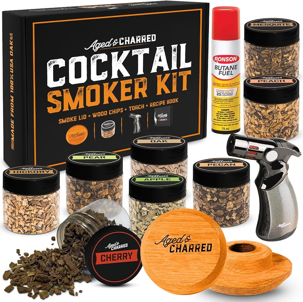 Cocktail Smoker Kit with Torch and Butane + Combo Wood Chips 4-Pack Bundle