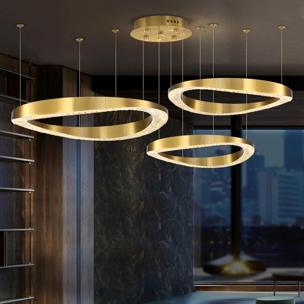 Flashing God Modern Gold Crystal Chandelier Lighting LED Dimmable Ceiling Light Fixture Contemporary Adjustable Stainless Steel 3 Rings Chandeliers Lights D16''+D24''+D32''