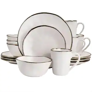 Elama Modern 16-Piece Stoneware Dinnerware Set in Matte White with Gold Rim