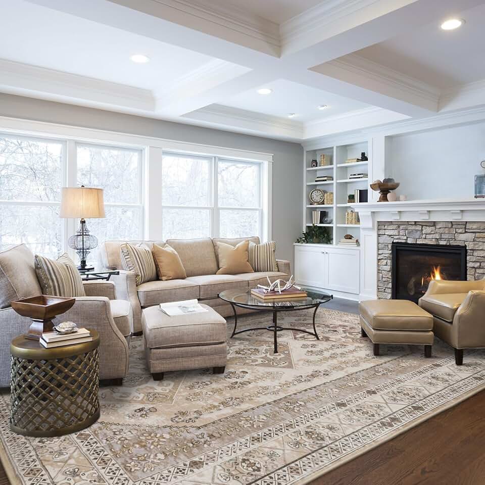 Rineflo-9'x12' Area Rugs,Machine Washable Rug for Living Room Dinner Room Bedroom,Bohemian Style Soft Non Slip Rug Carpet,Oriental Vintage Low Pile Large Area Rug(Brown, 9'x12')