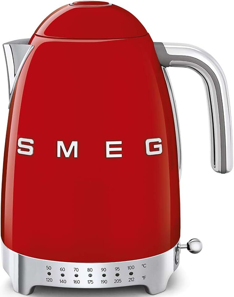 Smeg 50's Retro 7 Cup Stainless Steel Variable Temperature Electric Kettle with 7 Temperature Settings, Led Display, Swivel Base and Keep Warm Function Red KLF04RDUS