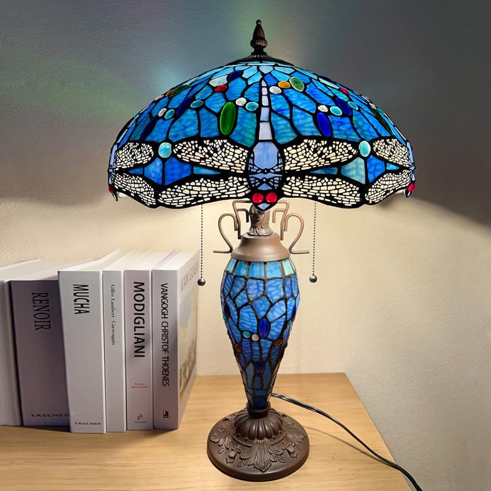 Capulina Tiffany Style Table Lamp Mother-Daughter Vase 3-Light 16X16X24 Inches Antique Blue Dragonfly Style Stained Glass Desk Lamp for Home Office Living Room Bedroom