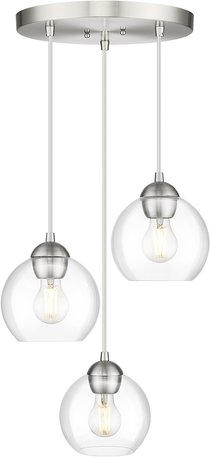 Emak Brushed Nickel Pendant Light, 3-Light Pendant Lights Kitchen Island with Clear Glass Shade, Cluster Globe Hanging Light Fixture for Kitchen, Bedroom, Bathroom, Dining Room, PL119-BN-CL