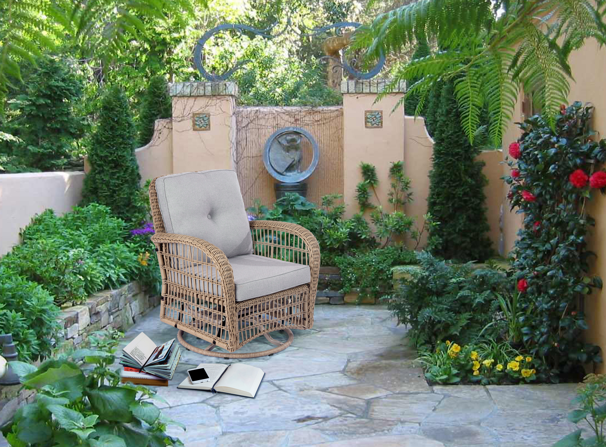 Outdoor Swivel Outdoor Patio Rattan Rocker Chair with Gray Cushion, Weather-Resistant PE Wicker Furniture for Porch, Sunroom, Deck, Backyard