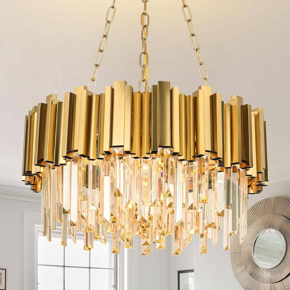 Modern Chandeliers Crystal with Light Gold Crystal Chandelier Hanging Ceiling Light Fixture 9 Lights Chandelier Modern Crystal Round Pendant Light Fixture Dining Room Living Room Bedroom W22in