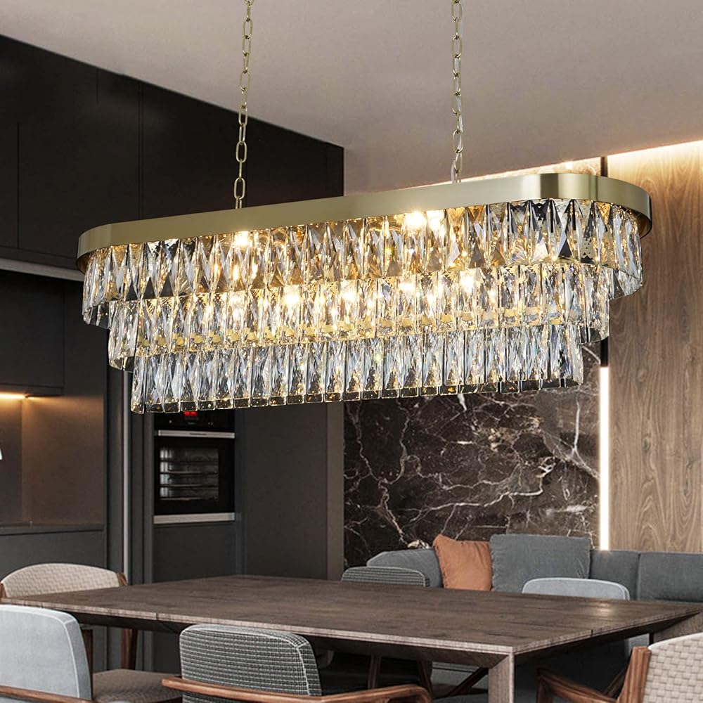 Modern Crystal Linear Chandeliers Light Fixtures Contemporary Oval Raindrop Chandelier 11 Lights Island Pendant Ceiling Lighting for Kitchen Island Dining Room Living Room L39.36'' Brass