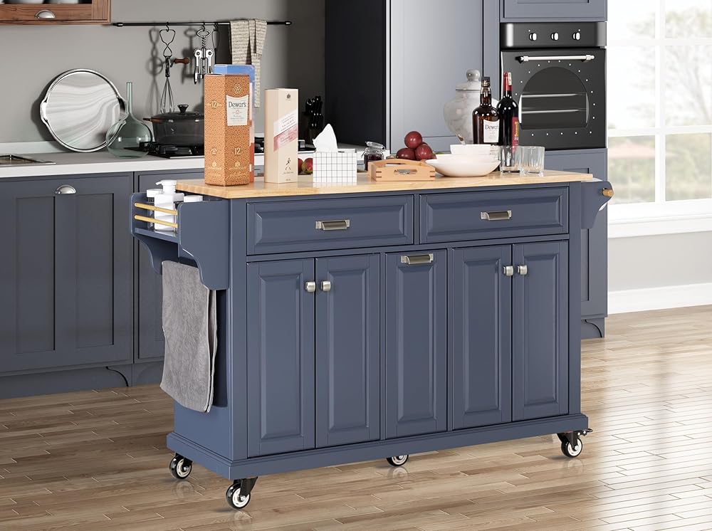 Mobile Kitchen Island with Storage, Kitchen Cart with Towel Rack, Spice Rack, Two Drawers, Adjustable Shelves, and Casters