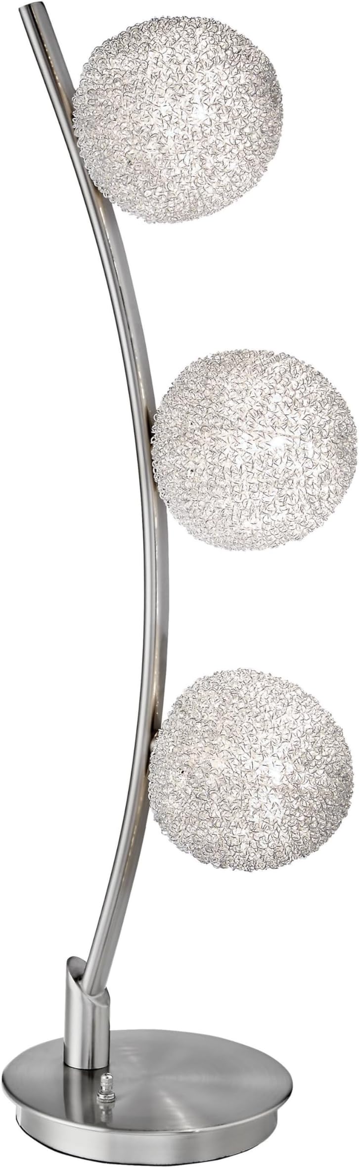 Benjara Lila 30 Inch Table Lamp, Curved Stem with 3 Spheres, Satin Nickel Finish