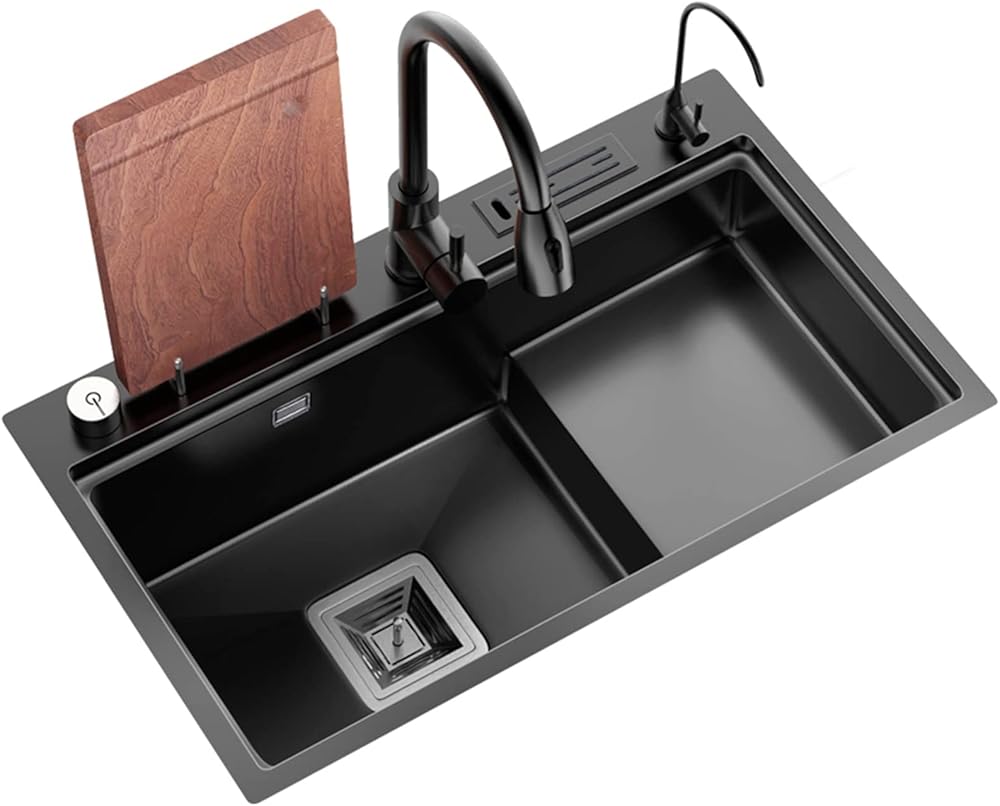 304 Stainless Steel Pedestal Kitchen Sink Black Single Bowl Bar Preparation Sink Multi-Function RV Sink with Pull-Out Faucet Top Mount Or Undermount (Color : Black-D, Size : 75x45x20cm)