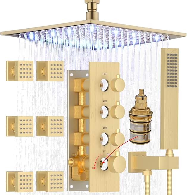 HOMEDEC Luxury Ceiling LED Shower System with Jets, Brushed Gold 12inch Rain Shower Body Spray System Brass Shower Faucet Combo Set, Large Flow, Can Use All Functions At a Time