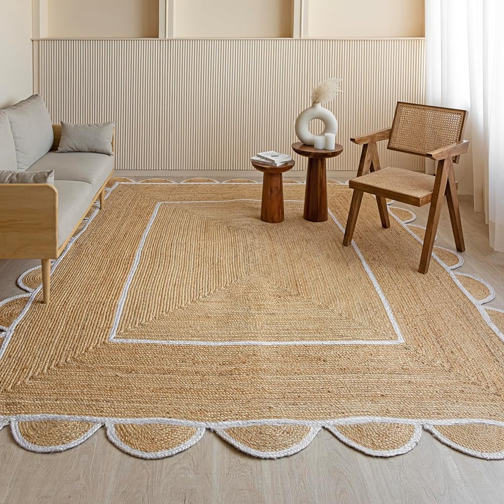 HOMEMONDE Hand Woven Farmhouse Jute Area Rug 6'x9' - Ecofriendly Scallop Pattern Jute Bohemian Carpet - Rustic Vintage Home Decor - Ideal for High Traffic Areas