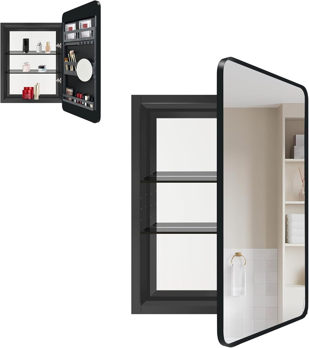 Medicine Cabinet Mirror, Black Metal Framed Recessed Bathroom Medicine Cabinet with Vanity Mirror,Bathroom Cabinet with Mirror 20x30 Inch,Back Door with Organizer Shelves, Right Door Open