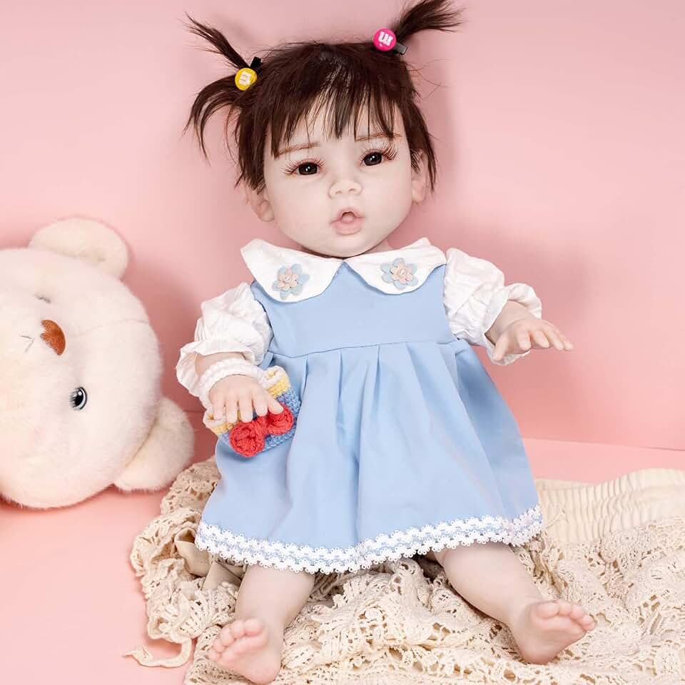 18.5inch Reborn Baby Dolls Silicone Full Body with Skeleton Can Drink and Wet Not Vinyl Realistic Newborn Girl Doll Birthday Gifts for Kids (Brown Hair-with Skeleton,White Color 1)
