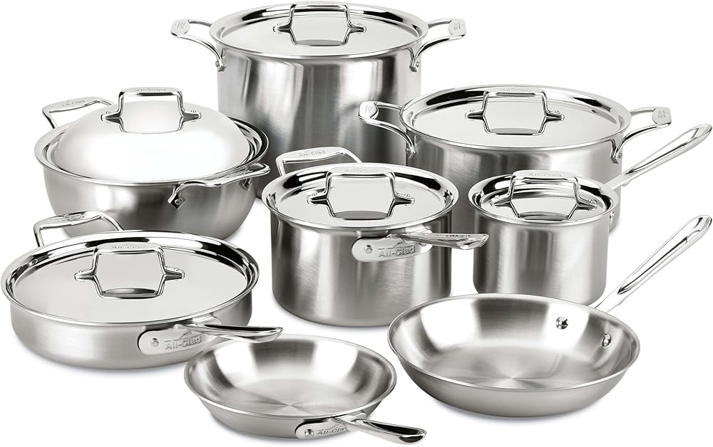 All-Clad D5 5-Ply Brushed Stainless Steel Cookware Set 14 Piece Induction Oven Broiler Safe 600F Pots and Pans Silver