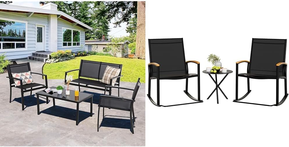 Shintenchi 4 Piece Patio Set with Glass Table, Loveseat, 2 Chairs and 3 Piece Rocking Bistro Set with Round Table, 2 Rockers