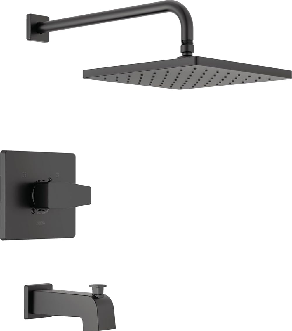 Delta Faucet Modern Raincan Square Single-Function Tub and Shower Trim Kit Black, Tub Faucet Set, Rainfall Shower Head Black, Delta Shower Trim Kit, Matte Black T14468-BL-PP (Valve Not Included)
