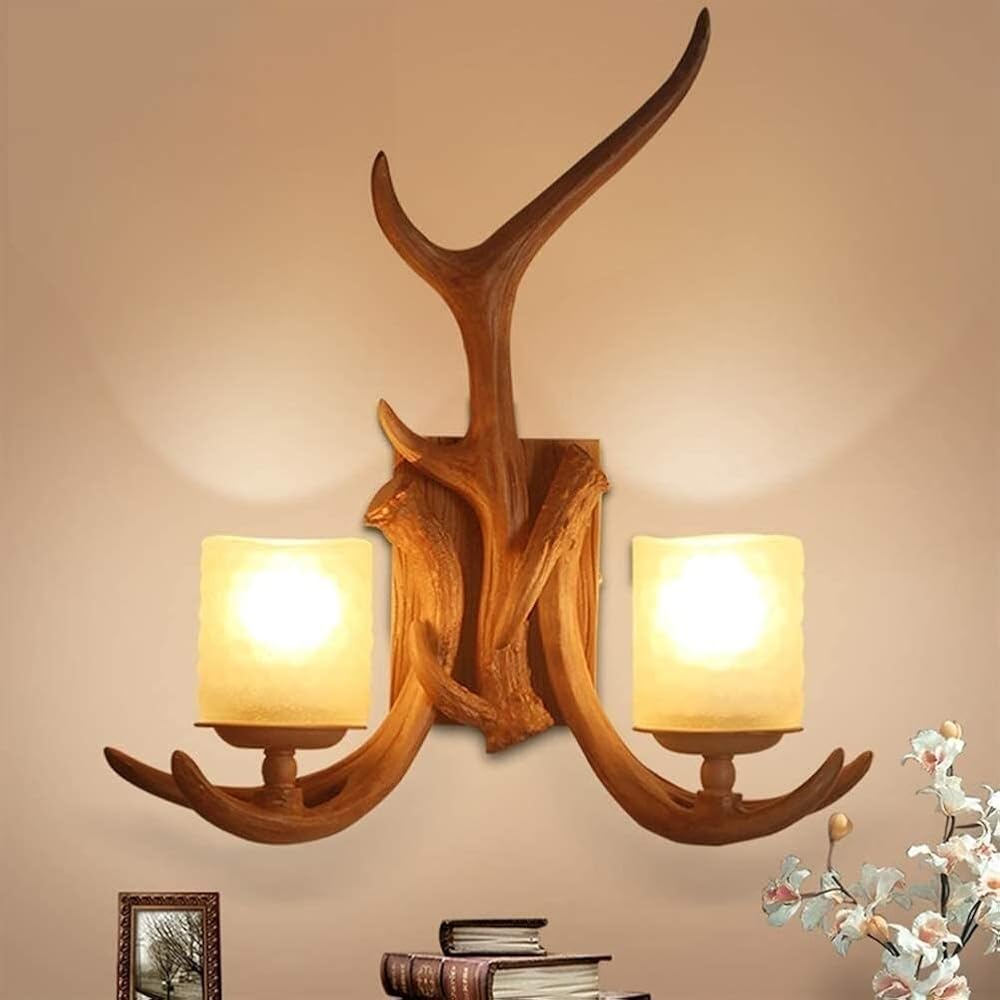 Lamps, Wall Lamp 2-Lights Rustic Vintage Candle Lamp American Country Retro Resin Antler Wall Sconce Resin Wall Light Fixture Loft Cafe Bar Lantern for Indoor Bedroom Restaurant Lighting E27