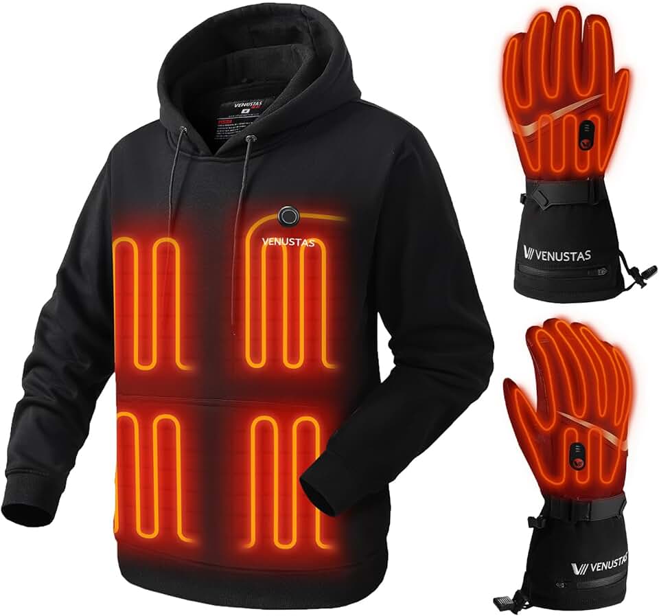 Venustas Pullover Heated Hoodie (Size 2XL) for Men and Women, Heated Gloves (Size 2XL) for Hunting Skiing and Arthritis