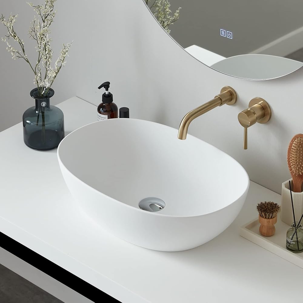 Oval Bathroom Vessel Sink, White Stone Resin Vessel Sink 22'' x 15'' Countertop, Modern Vanity Sink Bowl Basin with Pop-up Drain, 2262-white