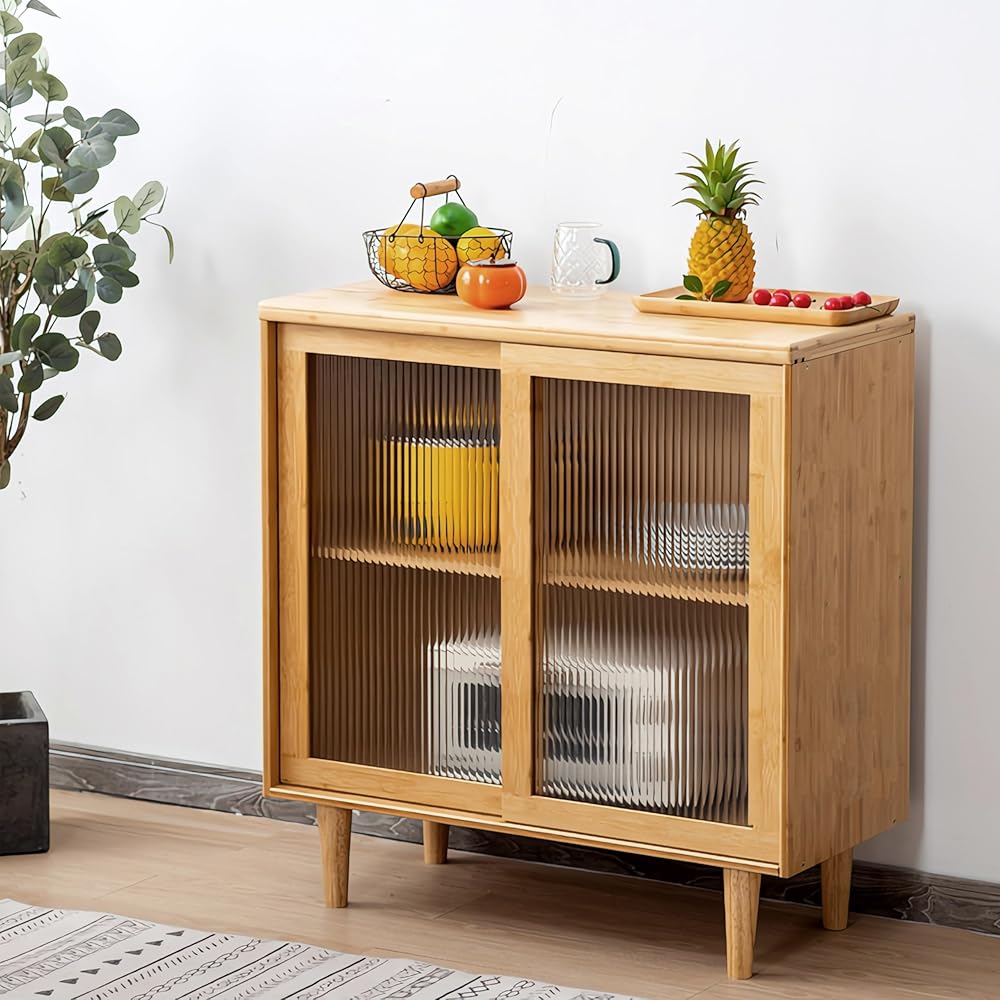 Bamboo Kitchen Sideboard Pantry Cabinets with Hooks, Large Storage Cupboard Pantry with 4 Tempered Glass Doors, Microwave Shelf, Freestanding Storage Buffet for Dining Room (Sideboard-32)