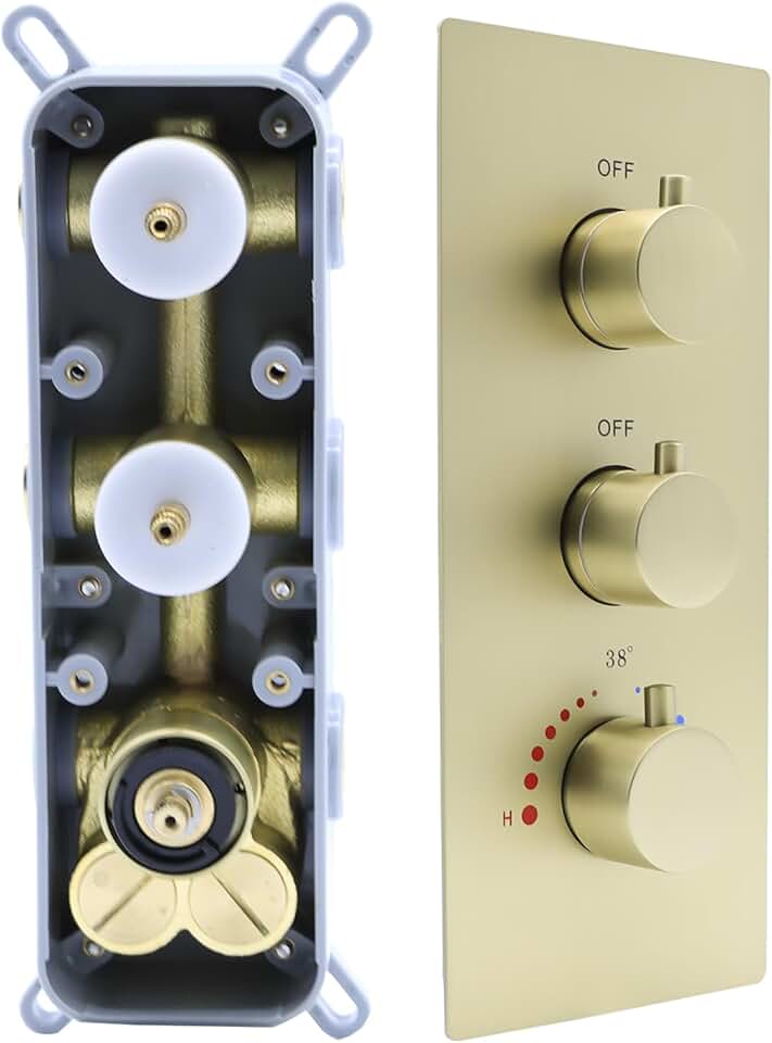 2 Function Shower Thermostatic Valve 3 Round Knob Valve Body Can Control Water Volume and Work at the Same Time Concealed Brass Bathroom Valve Replacement Rough-In Valve(Brushed Gold, 2-Way)
