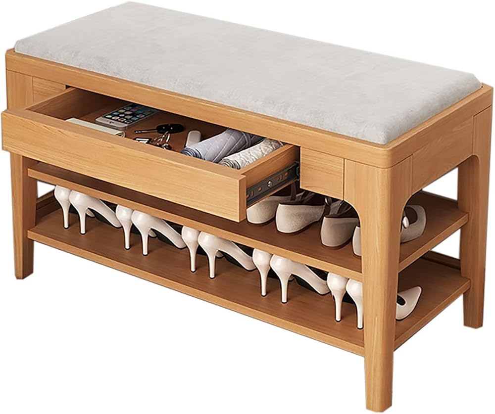 Shoe Storage Bench Entryway Hallway Furniture, Modern Wooden Shoe Stool 2/3 Tiers Sit-on Shoe Bench with Cushioned Seat Drawer Hallway Shoe Racks for Entryway Corridors Bedroom(Natural Wood Color,80*3