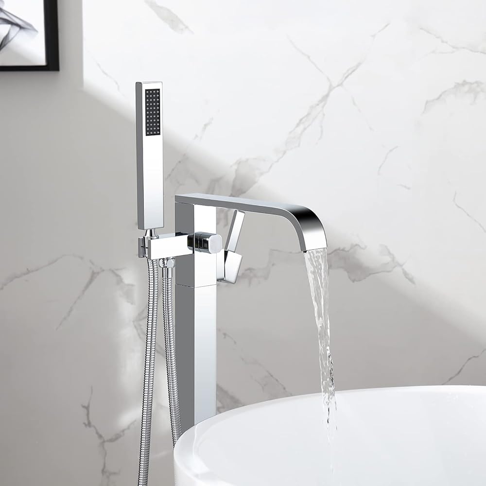 Freestanding Bathtub Faucet Polished Chrome Freestanding Tub Filler Single Handle Bath Tub Faucet Set Floor Mount Waterfall Bathtub Faucet with Handheld Shower 59