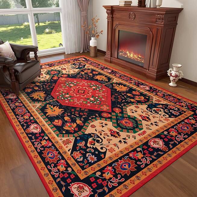 YIHOUSE Boho Area Rugs 8×10 Ft Washable Rug Nonslip Red Oriental Rug Bohemian Vintage Floral Low Pile Large Rug Traditional Carpet for Living Room Bedroom Dining Room Office Nursery Playroom