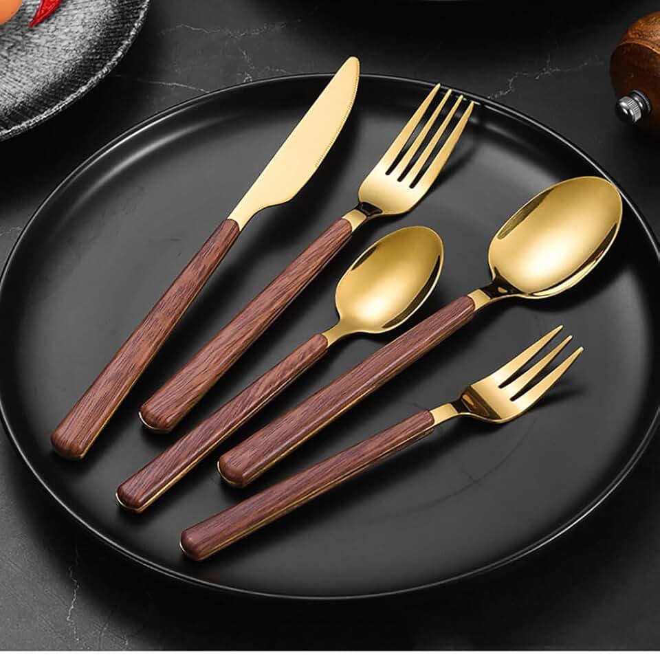 Wood Gold Silverware Set for 16 Flatware Sets Stainless Steel Wooden Grain Handle Cutlery 80 Piece Tableware Kitchen Utensils Dinnerware Set for Home Kitchen Restaurant Wedding Mirror Pololished