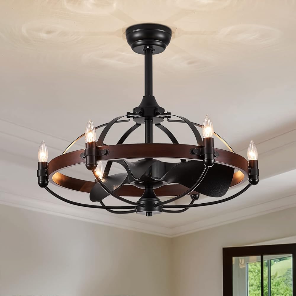 27-Inch Brown Walnut Farmhouse Style Chandelier Ceiling Fan with Light and Remote Control, Bladeless Motor for Bedroom, Kitchen, Living Room, Dining Room