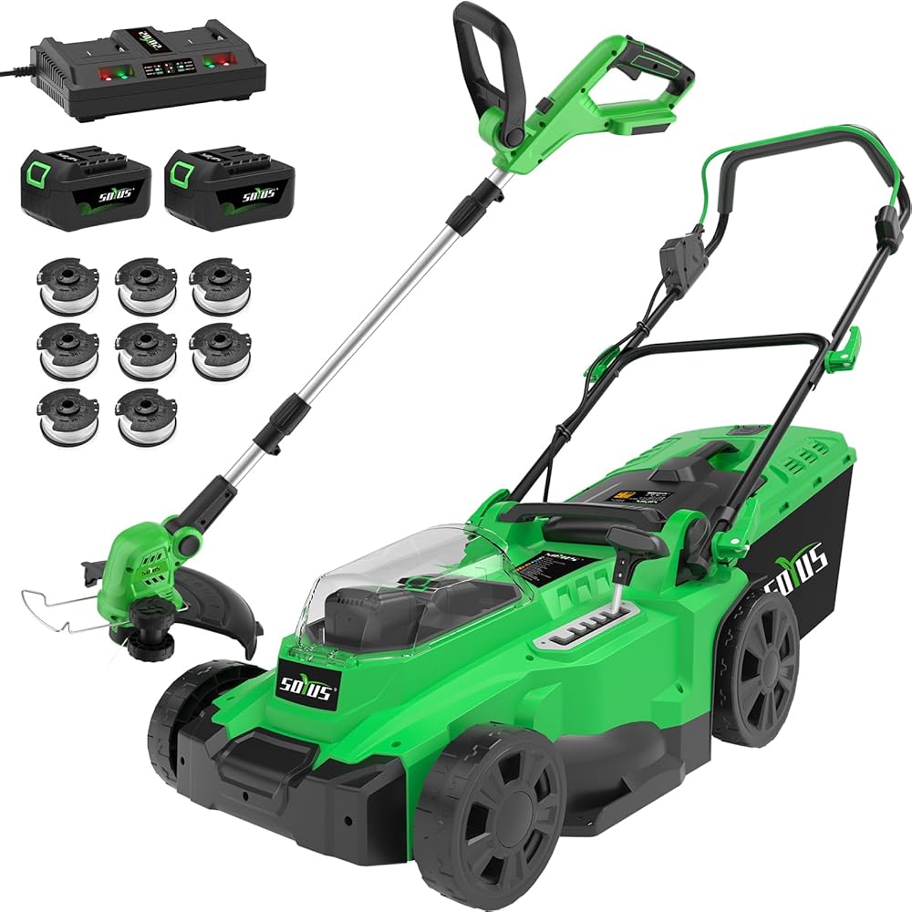 SOYUS 15 Inch 40V Electric Lawn Mower Cordless + 12 Inch Weed Wacker Cordless with 8 Pcs Replace Spool Trimmer Lines