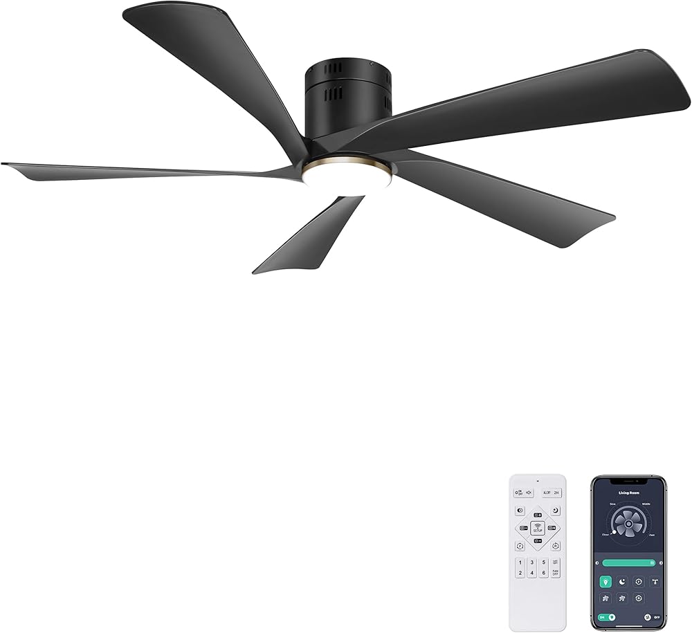 Ohniyou 52” Low Profile Ceiling Fan with Lights, Remote & APP Control Modern Flush Mount Indoor Outdoor Ceiling Fans, Dimmable, Silent DC Motor, Reversible, Black