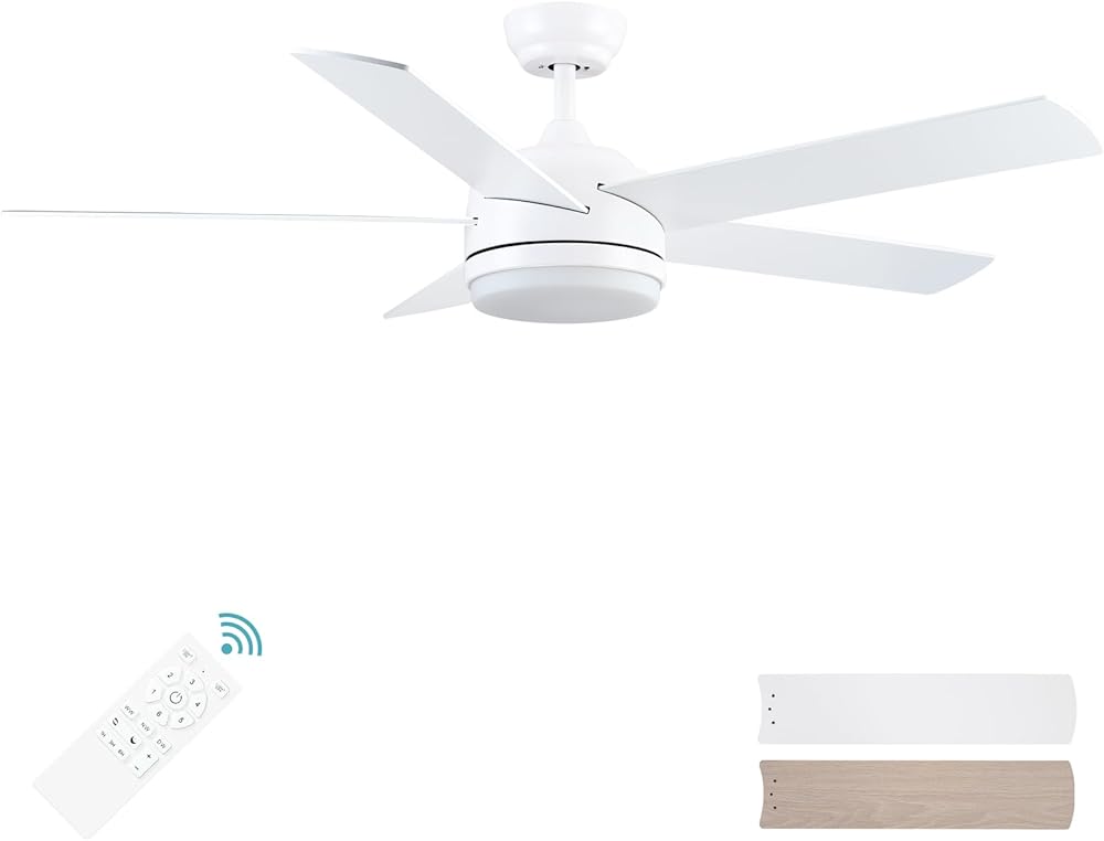 YUHAO 52 inch White Ceiling Fan with Lights and Remote Control,Quiet Reversible Motor,Dimmable tri-Color temperatures LED,5 Blades Modern Ceiling Fan for Indoor.
