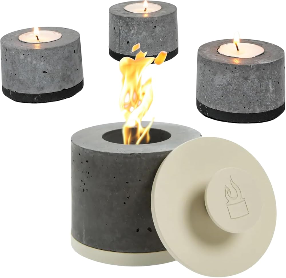 FLIKR Fire Personal Concrete Fireplace (Almond) + 3X Tea Light Bundle–Tabletop Smokeless Fire Pit with Fire Pit Snuffer Lid Safe for Indoor & Outdoor Use, Fueled with Isopropyl