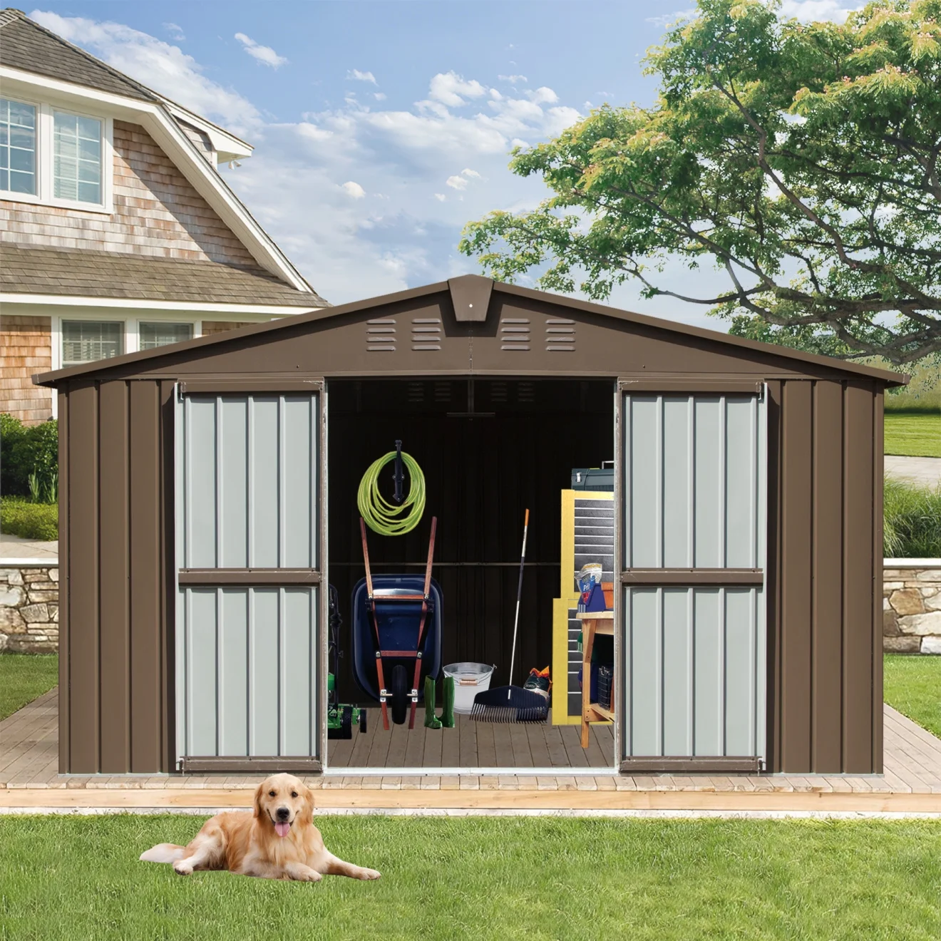 11'x 9' Backyard Storage Shed with 630cu.ft, Outdoor Garden Shed with Galvanized Steel Frame & Windows,  Metal Utility Tool Storage Room with Lockable Door, Metal Tool Shed for Backyard Garden Law