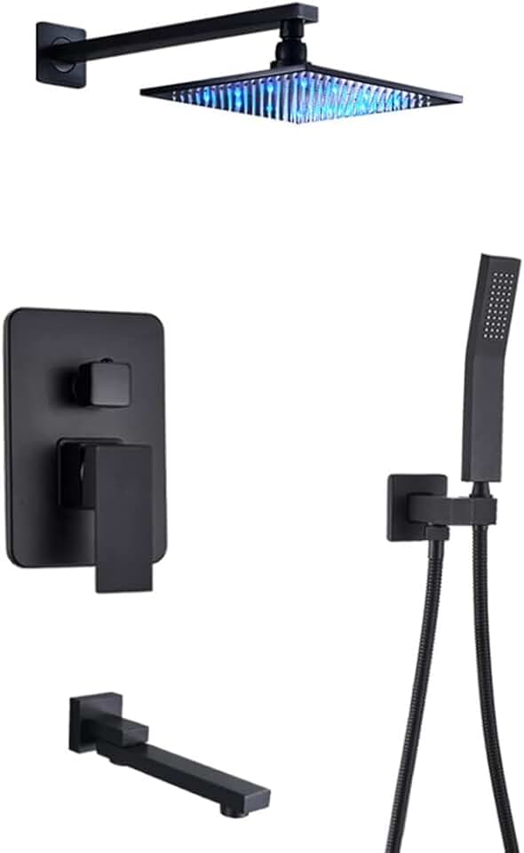 Shower Set Shower System Concealed Shower Faucet Set Wall Mounted Shower Mixer Taps Set with Hand Shower and LED Rainfall Shower Head Advanced Air Injection Technology Matte Black,16 Inch