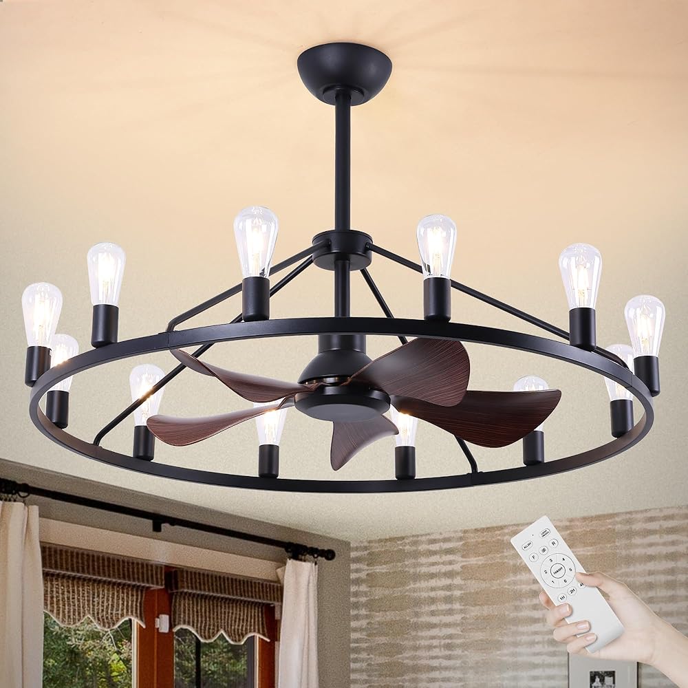 44 Inch Black Wagon Wheel Chandelier Fan with 12 Lights, Rustic Farmhouse Style, Ideal for Dining Room, Kitchen, Entryways, Height Adjustable, E26 Bulbs-not included