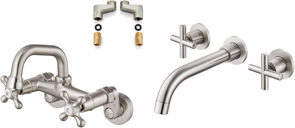 Airuida Brushed Nickel Wall Mount Kitchen Faucet 4 Inch(10cm) Spout Reach Brushed Nickel Wall Mount Bathroom Faucet Solid Brass Widespread Wall Mounted Bathroom Sink Faucet