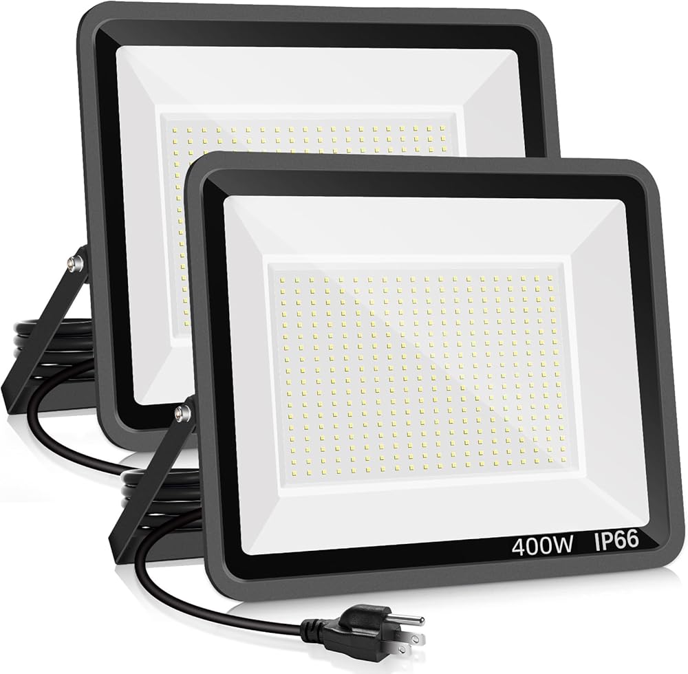 2 pack 400W LED Flood Light Outdoor,2400W Equivalent 50500LM 5000K Daylight White Super Bright FloodLight with Plug,85-277V IP66 Waterproof Commercial Lighting for Fields,Counts,Arena,Stadium