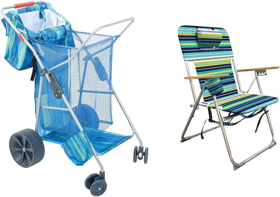 Rio Beach Wonder Wheeler Deluxe Utility Cart and Caribbean Joe Folding Beach Chair with Headrest 4-Position Portable Camping Chair Bundle