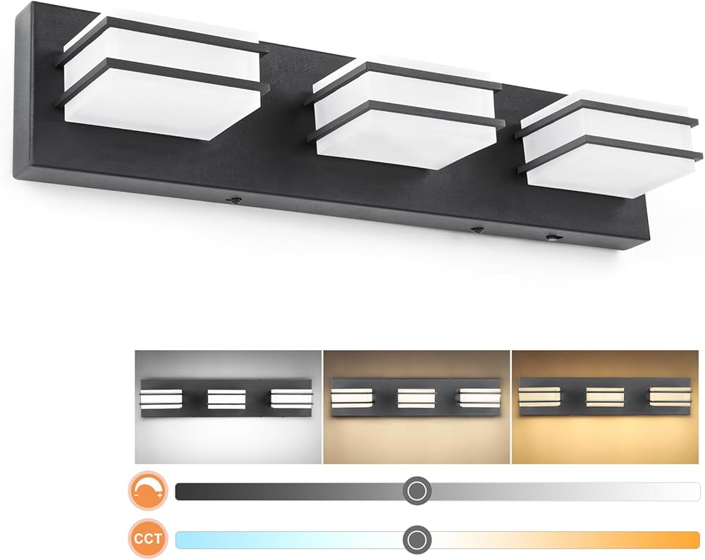 3 Color Temperature Dimmable Bathroom Light Fixtures over Mirror LED Black 3 Light Bathroom Vanity Light Fixtures Acrylic Stainless Steel Square Shade Vanity Lights for Bathroom, ETL Certificated