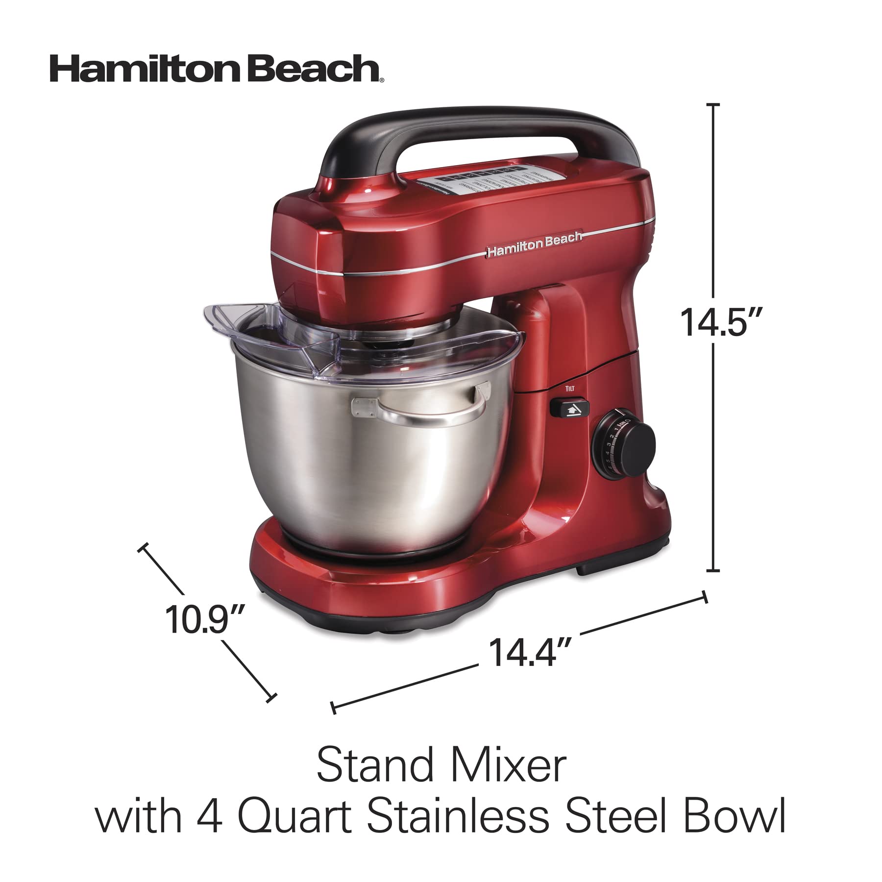 Hamilton Beach Electric Stand Mixer, 4 Quarts, Dough Hook, Flat Beater Attachments, Splash Guard 7 Speeds with Whisk, Red